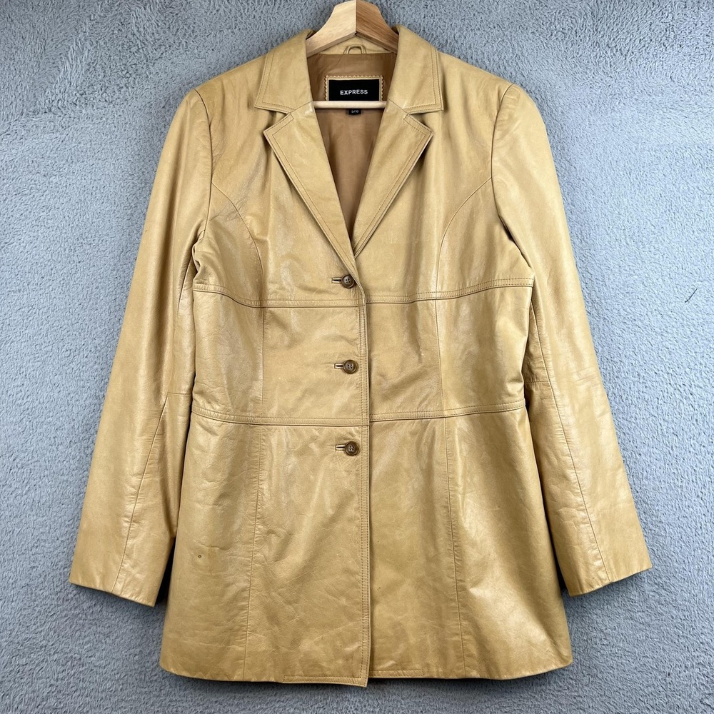 Express Blazer Juniors 9/10 Beige Genuine Leather Jacket Single Breasted